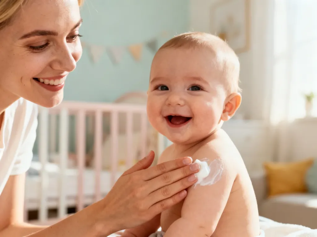 Uśmiechnięta mama delikatnie nakłada krem na skórę szczęśliwego niemowlęcia w przytulnym pokoju dziecięcym.