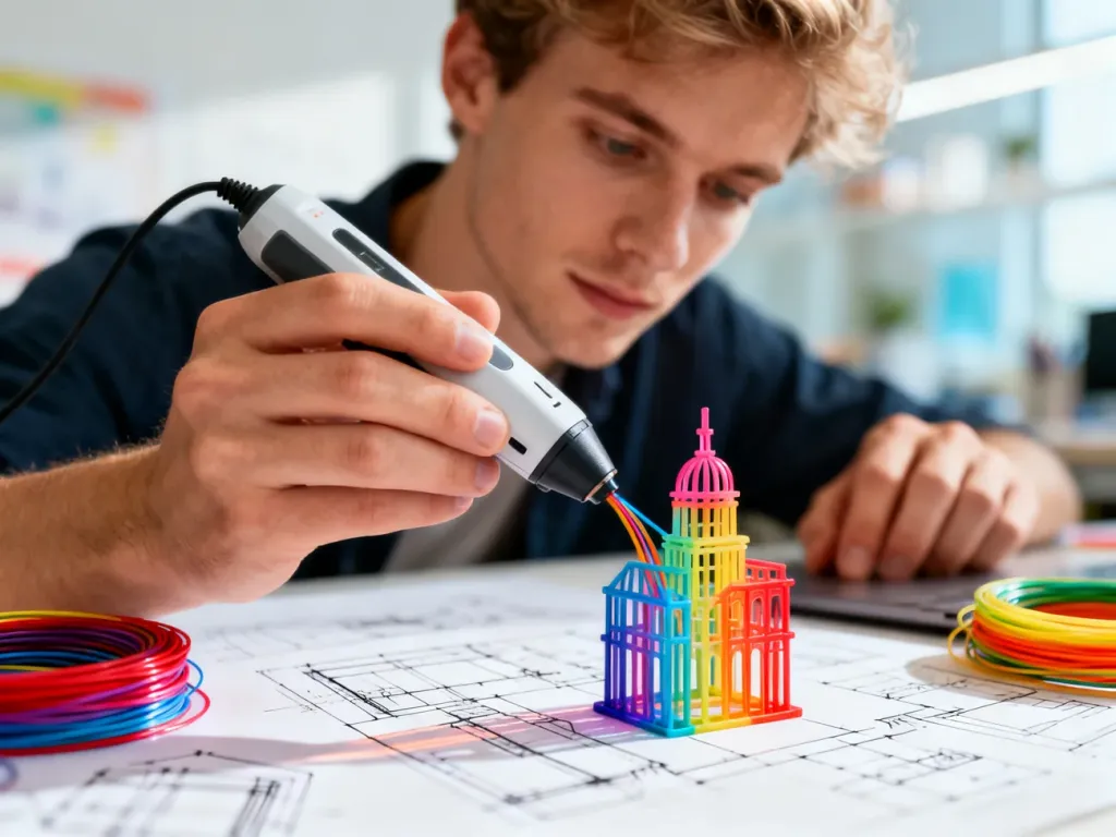 Osoba tworzy miniaturową konstrukcję architektoniczną za pomocą nowoczesnego długopisu 3D z kolorowym filamentem.