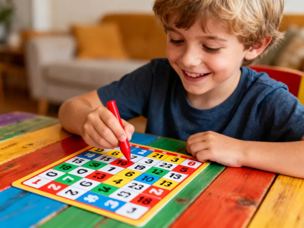 Dziecko z uśmiechem zaznacza liczby na kolorowej karcie do gry w bingo przy drewnianym stole.