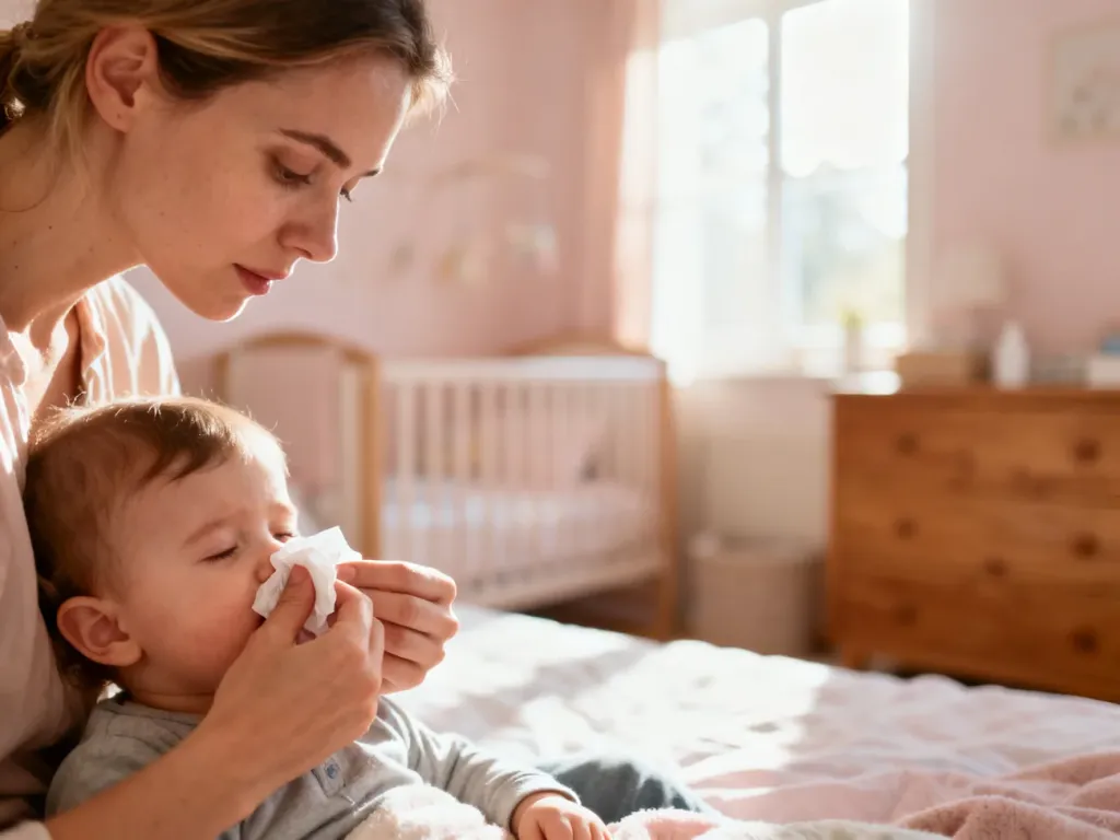 Troskliwa mama delikatnie wyciera nos małemu dziecku w przytulnym, jasnym pokoju dziecięcym.