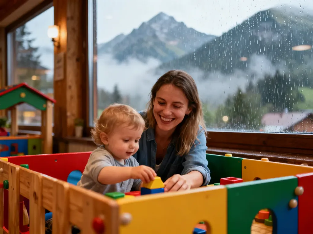 Mama z dzieckiem bawiący się w przytulnym, kolorowym centrum zabaw w Zakopanem podczas deszczowego dnia.