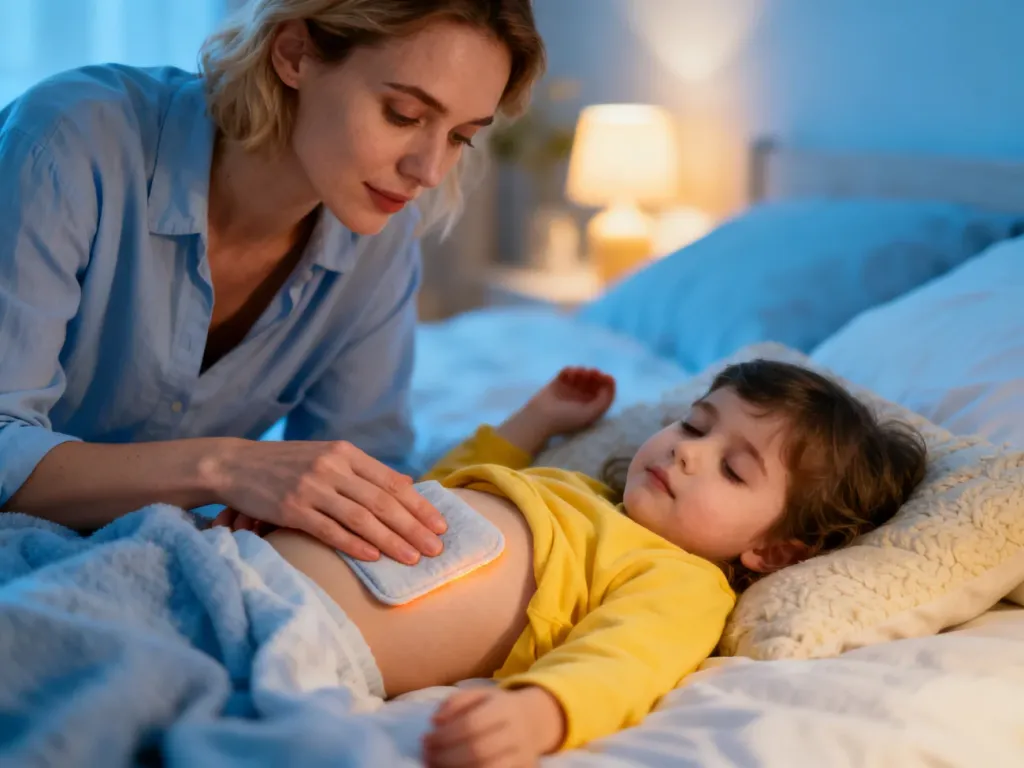 Mama przykładająca ciepły kompres na brzuch dziecka w przytulnej sypialni, stosująca domowy sposób na ból brzucha.