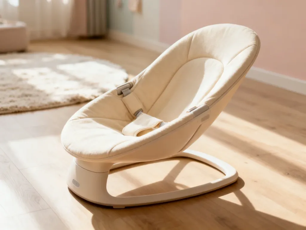 Nowoczesny, ergonomiczny leżaczek dla niemowląt ustawiony w przytulnym, jasnym pokoju dziecięcym.