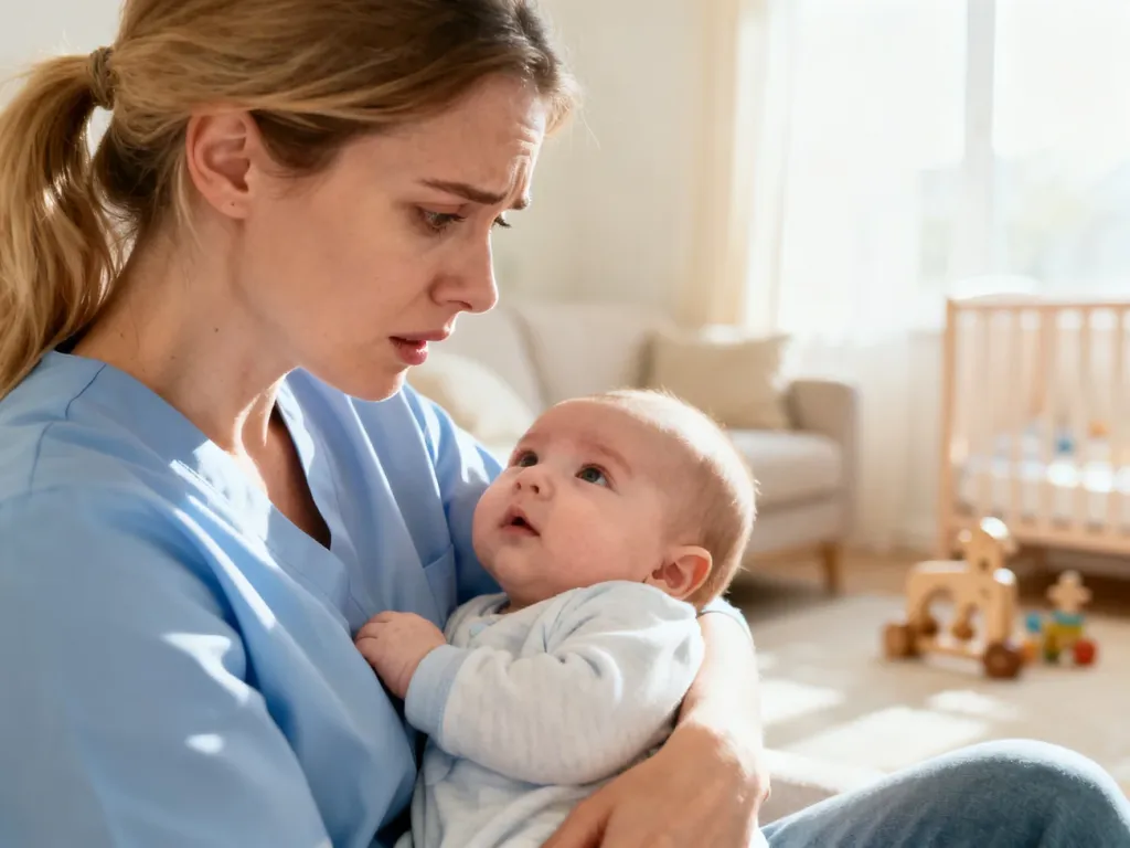 Zatroskana mama przytulająca niemowlę w przytulnym salonie, co podkreśla emocjonalny aspekt opieki nad ząbkującym dzieckiem.