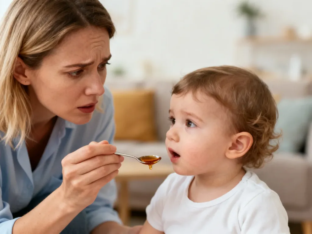 Zatroskana mama podaje rocznemu dziecku syrop na kaszel przy użyciu łyżeczki w przytulnym, domowym wnętrzu.